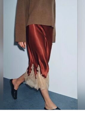 Zara Rust Satin Midi Skirt with Cream Lace Hem